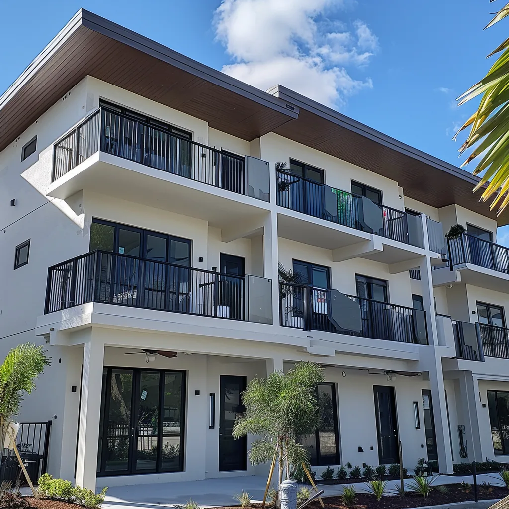 Three-story residential building with impact windows and sliding doors, Broward County