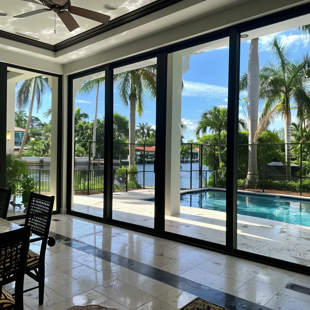 Canal-front home with floor-to-ceiling impact sliding glass doors to the pool, Broward County