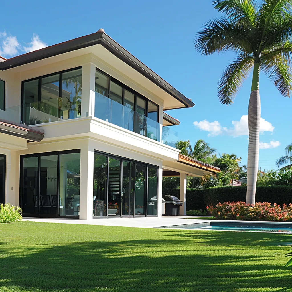 Two-story residence with sliding glass walls and a frameless glass balcony railing, Palm Beach County