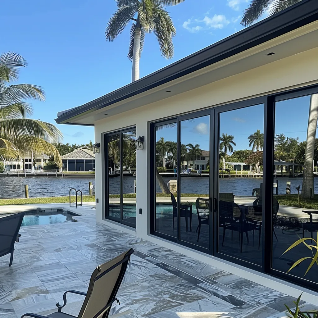 Multi-panel impact sliding glass doors opening a waterfront residence to the pool, Palm Beach County